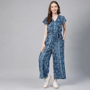 Tie-Dye Printed V-Neck Short Sleeves Basic Jumpsuit