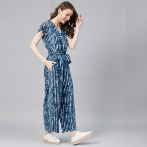 Tie-Dye Printed V-Neck Short Sleeves Basic Jumpsuit